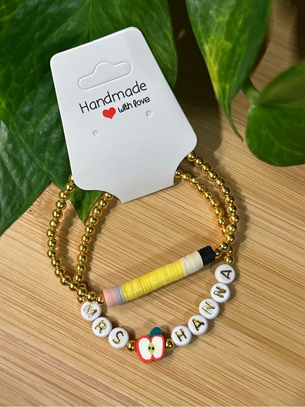 🍎✏️ Personalized Teacher 2-PC Bracelet Set | Handmade | Pencil & Teacher Name🍎